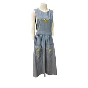 Vintage Chambray Prairie Dress Embroidered Floral Open Back Apron Style -